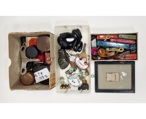 Selection of seal waxes and seals, a 19th century tortoiseshell-mounted snuff box and cover, various turned wood, horn and la