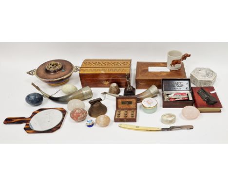 Collection of wooden boxes&nbsp;including a straw work box, a book-shaped paperweight, various stone specimen eggs, a hinged 