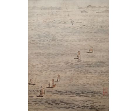 Three 20th century Chinese silk landscape paintings, one with sailing ships, another with ships in mountainous river landscap