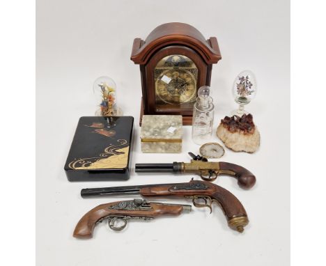 Display of dried flowers&nbsp;under glass dome, mid century, a gilt painted quartz geode, an onyx gilt metal mounted rectangu