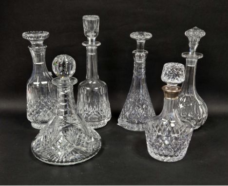 20th century silver collared cut glass decanter and stopper, cut with diamond pattern, 26cm high, a cut glass ships decanter 