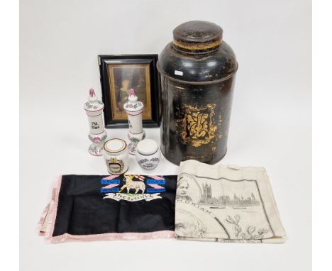 19th century black painted tall cylindrical tea canister and cover decorated in gilding, 42cm high, a silk scarf&nbsp;printed