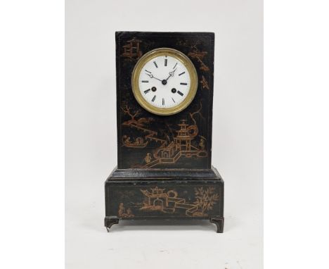 19th century Toleware mantel clock&nbsp;in chinoiserie decorated case, having white enamel circular dial with Roman numerals 