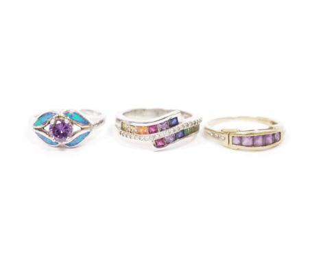 Two silver and coloured stone set rings and a&nbsp;9ct gold, amethyst and diamond ring set five square amethysts and six smal