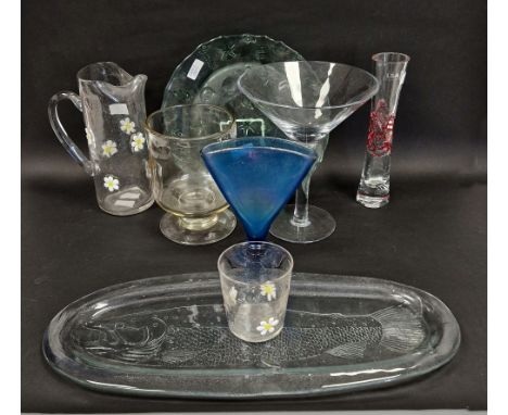 Handblown trifle bowl centrepiece, a large Martini glass, a pressed glass seafood platter&nbsp;in green tint of circular form