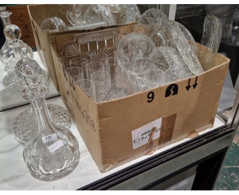 Large collection of cut glassware including a shaft and globe shaped decanter and stopper, cut with lenses, a ships decanter&