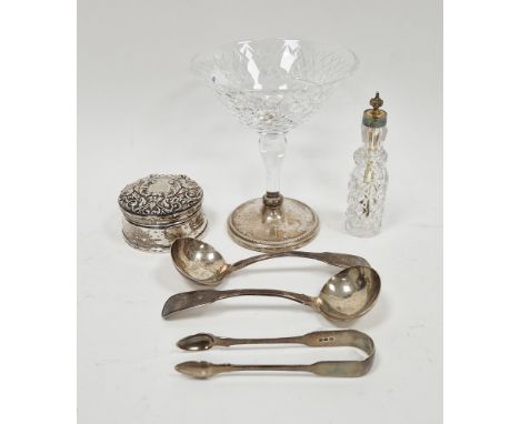 Pair of George III silver sauce ladles, London 1827 by William Bateman, a Victorian silver mounted cut glass condiment bottle