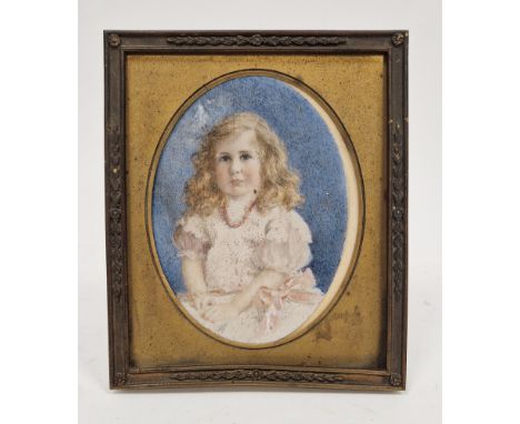 19th century watercolour portrait miniature on ivory&nbsp;of a girl, mounted in a metal frame, 10cm x 8cm. CITES IVORY REF NO