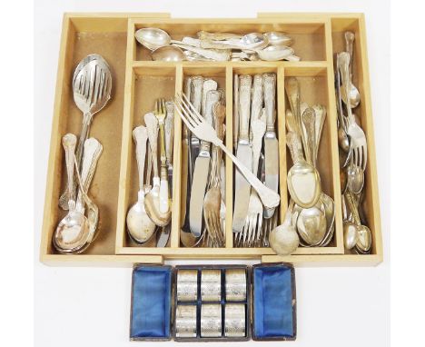 Cased set of six silver plated napkin rings, each with engine turned decoration and an assortment of silver plated flatware&n