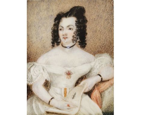 Early 19th century watercolour portrait miniature on ivory&nbsp;of a lady, dated verso 1828, gilt frame, 10cm x 7.5cm. CITES 