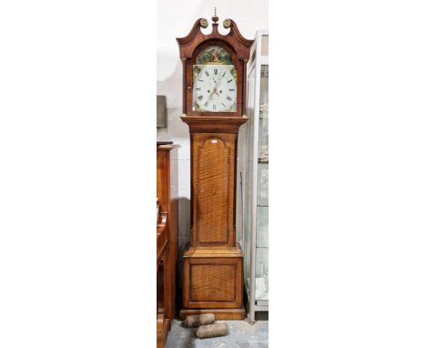 19th century oak and mahogany longcase clock, the hood with swan-neck pediment centred by brass urn finial, the painted broke