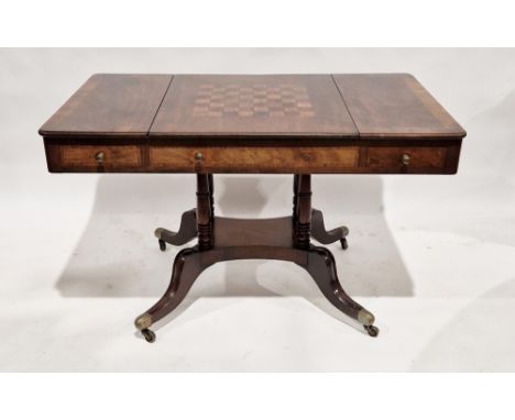 George IV mahogany games table, the centre panel to the top inlaid with chess sliding to reveal backgammon board, cross-bande