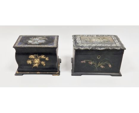 19th century mahogany papiermache tea caddy, rectangular and bombe, mother-of-pearl inlaid and on bracket feet, 17cm wide and