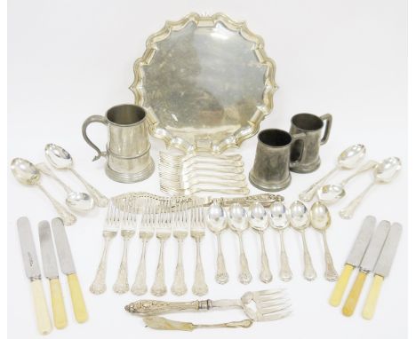 Early 20th century silver plated salver by Elkington &amp; Co, on three hoof feet,&nbsp;a selection of plated flatware and th