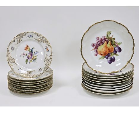 Ten Limoges (MR) fruit decorated dessert plates, circa 1900, printed with vignettes of fruit within gilt scroll rims, printed