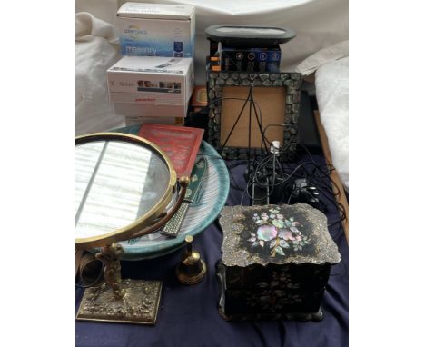 A Victorian papier mache and mother of pearl inlaid tea caddy, together with mobile phones
