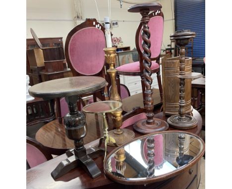 An umbrella stand together with an ashtray stand, torchere, gilt table lamp, brass table top table, circular topped occasiona