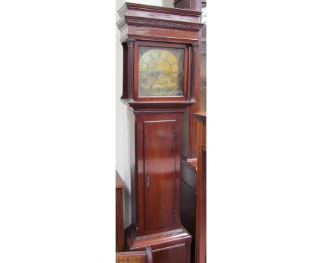 A 19th century mahogany longcase clock, with a stepped hood above a long trunk door, box base and bracket feet, the 31cm squa