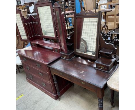 An Edwardian dressing table with a rectangular mirror above a pair of drawers on ring turned legs together with a Victorian p