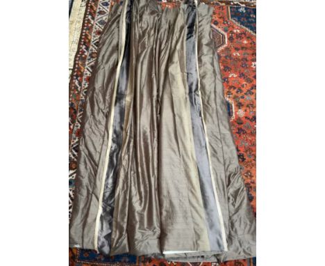 A pair of mink silk curtains with contrast edge, triple pencil pleat, approximately 220cm long x 160cm wide