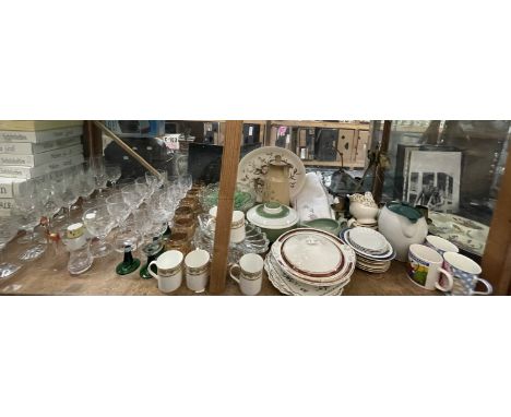 A large lot including drinking glasses, chandelier, ceiling lamp, tureens, mugs etc