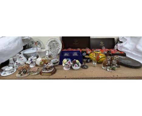 Boxed Webb crystal drinking glasses together with other glasswares, Poole pottery vase, owls etc
