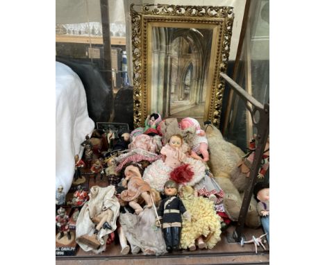 A mohair teddy bear together with collectors dolls and lead figures