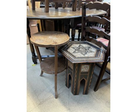 An Anglo Indian mother of pearl inlaid occasional table of hexagonal form on inlaid base together with a floral carved occasi