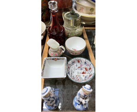 A Derby jug and basin together with a Royal Doulton teapot, decanter, pottery figures etc