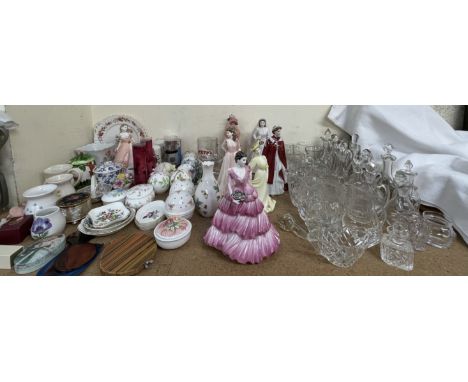 A collection of Coalport and Royal Worcester figures together with glass jugs, glass vinegar jugs, pot pourri balls, vases et