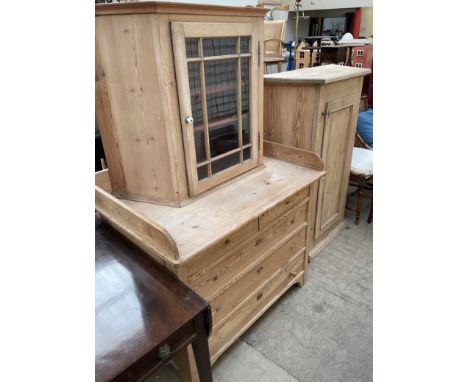 A pine dressing chest, with a three quarter raised back above two short and three long drawers on bracket feet together with 