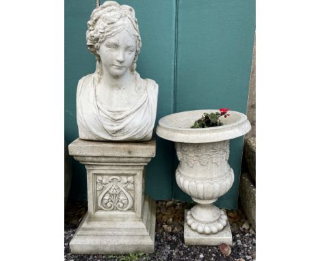 A reconstituted stone portrait bust of a maiden, on a plinth together with an urn shaped plater moulded with grapes and leave