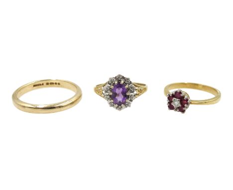 Gold ruby and diamond cluster ring stamped 18ct, amethyst and diamond cluster ring and gold band, both hallmarked 9ct Conditi