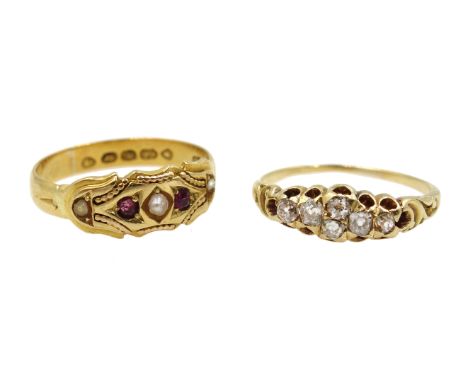 Victorian 22ct gold ruby and pearl ring, London 1859 and a Victorian 18ct gold six stone diamond ring Condition Report & Furt