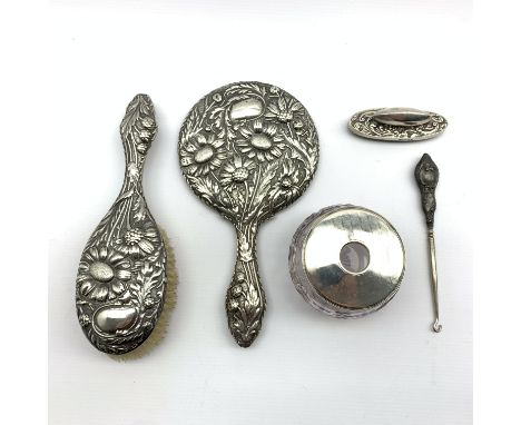 Art Nouveau silver backed hand mirror and matching brush Birmingham 1906, similar nail buffer, silver mounted glass hair tidy
