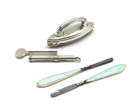 Sterling silver toothpaste squeezer by Tiffany &amp; Co , nail buffer, pencil holder, silver and enamel tweezers and cuticle 