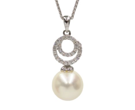 18ct white gold diamond swirl and pearl pendant necklace, hallmarked Condition Report &amp; Further Details Pendant length = 