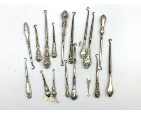 Collection of seventeen various silver handled glove and boot button hooks