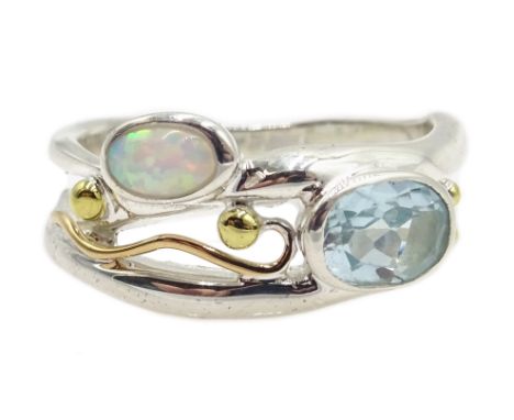 Silver and 14ct gold wire opal and topaz ring, stamped 925 Condition Report &amp; Further Details Size M-N