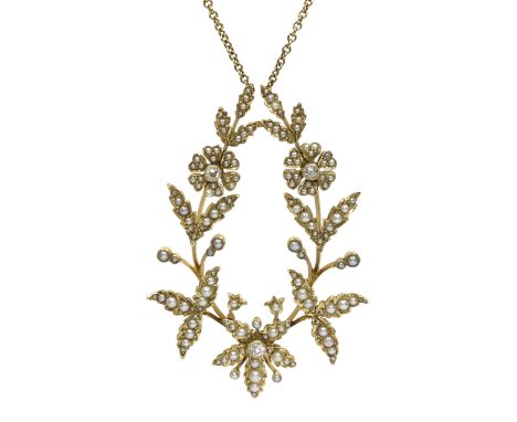 Edwardian gold split seed pearl and three stone diamond, foliate design pendant necklace Condition Report &amp; Further Detai