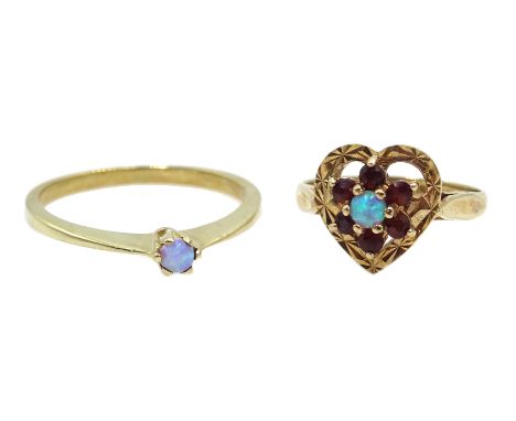 Gold garnet and opal heart shaped ring and single stone opal ring, both hallmarked 9ct Condition Report &amp; Further Details