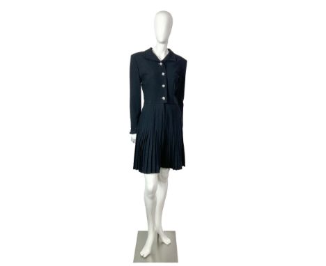 Original vintage Valentino Night black knee length dress with wing collar, pleats below the waist, faux pearl buttons and one