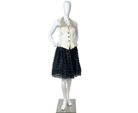 Two pieces original vintage Escada by Margaretha Ley set featuring a luxurious ivory silk halter vest with three oversize dia