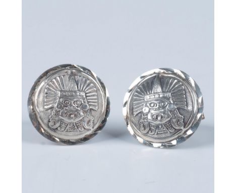 Made in Mexico. This intricate designed silver duo features the Mayan Sun Warrior god. Marked E.V.B. 925 Sterling Hecho en Me