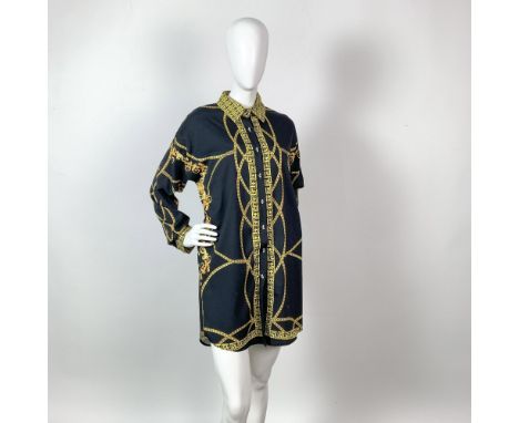 Vintage Versace style baroque design black &amp; gold color rayon button down oversize shirt with long sleeves. Shirt length:
