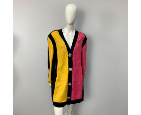 Luxurious Pierre Balmain Paris evening dress/coat that includes fuchsia sequins on one front panel and underneath the sleeves