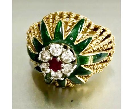 Stunning dome shaped 18k Gold Ruby and Diamonds with green enamel accents. Size 6.5Condition: Good, minor age related wear.