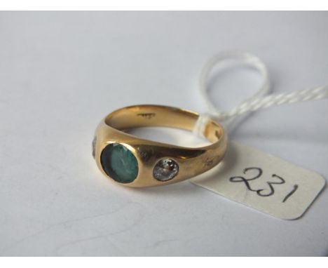 18ct gold green stone and diamond ring  approx size P  6.2g inc      