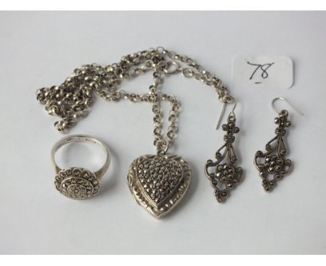 Silver &amp; marcasite earrings,locket and ring    