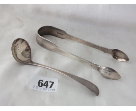 Exeter cream ladle, 1842 and a pair of Exeter sugar tongs  